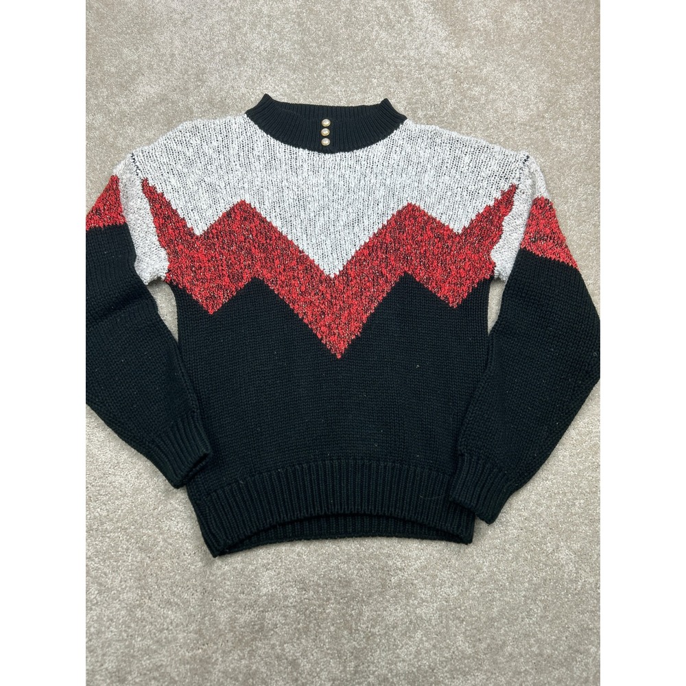 Arbor Creek Chevron Sweater L Black Red Pearl Button Mock Neck Retro 80s Preppy